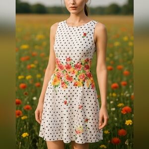 Retro 50s-Inspired Elle Garden Party Polka Dot Floral Dress – Size Large